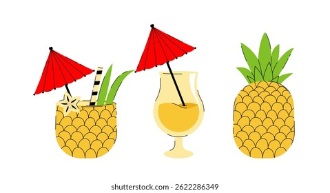 Set of summer tropical cocktails in glass and pineapple. Vector fruit collection on white background for interior, poster, banner