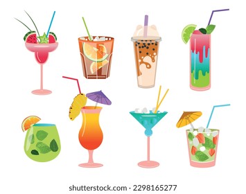 Set of summer tropical cocktails.Various isolated glasses for cocktails with drinks on a white background. Vector illustration.