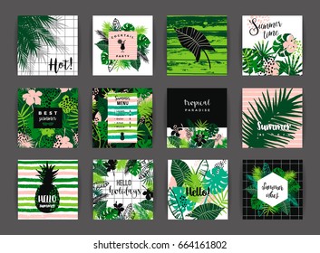 Set of summer tropical designs. Vector templates for for card, poster, flyer, wed ant other.