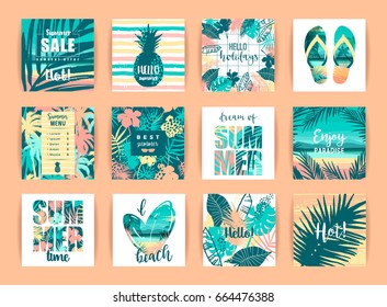 Set of summer tropical designs. Vector templates for for card, poster, flyer, wed ant other.