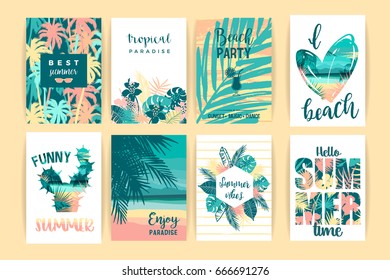 Conjunto de diseños tropicales de verano. Plantillas vectoriales para tarjetas, afiches, volantes, casados con otros.