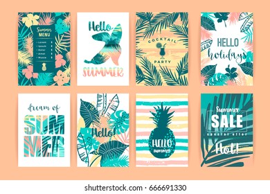 Set of summer tropical designs. Vector templates for for card, poster, flyer, wed ant other.