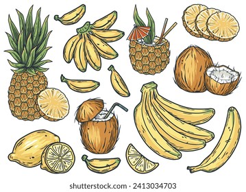 Set of summer tropical exotic fruits pineapple cocktail, slice of lemon, bananas and coconut