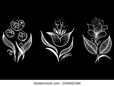 Set of summer tropical flowers. Floral botanical flower set isolated on black background. Hand drawn vector collection. Botanical Hawaii nature. Tropical palm icon. Hawaiian vector tattoo illustration