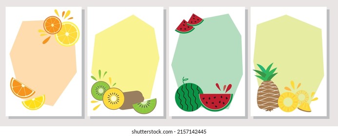 Set Of Summer Tropical Fruits Decoration Frame. Summer Tropical And Vitamin Color Template Collection For Background, Banner, Web And Sns Cover Design Elements. Vector Illustration.