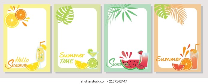 Set Of Summer Tropical Fruits Decoration Frame. Summer Tropical And Vitamin Color Template Collection For Background, Banner, Web And Sns Cover Design Elements. Vector Illustration.