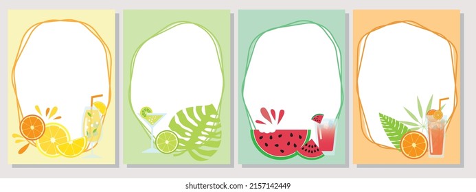 Set Of Summer Tropical Fruits Decoration Frame. Summer Tropical And Vitamin Color Template Collection For Background, Banner, Web And Sns Cover Design Elements. Vector Illustration.