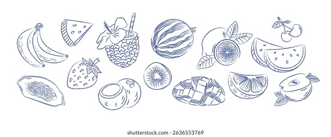 Set of summer tropical fruits on white background. Trendy Doodles. Vector pen drawn vintage element
