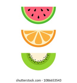 Set of summer, tropical fruits, vector illustration. Half sliced fresh fruit icons; watermelon, orange and kiwi.