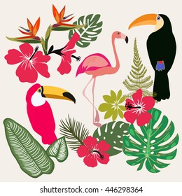 Set of Summer tropical graphic elements. Toucan and flamingo bird,Jungle floral, leaves, hibiscus, flowers. Isolated illustrations.