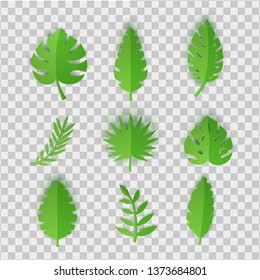 Set of summer tropical leaves in paper cut style. Craft jungle plants collection on white background. Vector card illustration in paper cutting art style