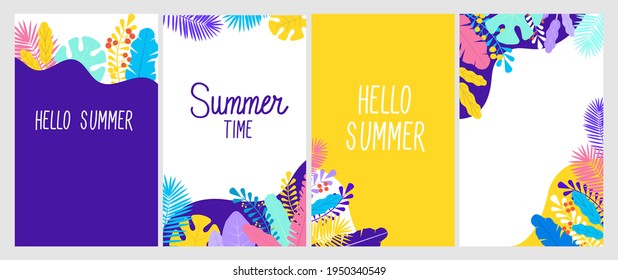 Set of summer tropical posters in flat style. Colorful design templates for posts, banners, sale, flyer, greeting card, business or party. Trendy summer background. Vector illustration