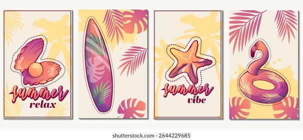set of summer tropical posters with palm trees, seascape, shell, surfboard and handwritten texts