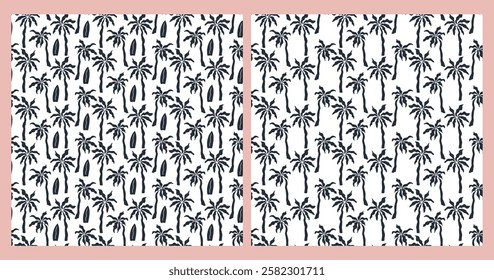 Set of summer tropical seamless patterns with palm trees, surfboards. Black white color. Hand drawn minimal art background. Surface cover design. Fabric textile print.