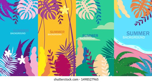 Set summer tropical template backgrounds stories with palms, sky and sunset. Summer placard poster flyer invitation card. Vector isolated trendy flat cartoon style