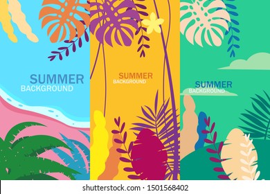 Legen Sie die Hintergrundgeschichten der tropischen Sommerschablonen mit Palmen, Himmel und Sonnenuntergang fest. Sommerplakatkarte für Plakatflyer. Vektorillustration einzeln auf trendigem, flachen Cartoon-Stil
