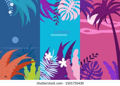 Set summer tropical template backgrounds stories with palms, sky and sunset. Summer placard poster flyer invitation card. Vector isolated trendy flat cartoon style