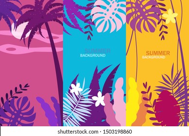 Set summer tropical template backgrounds stories with palms, sky and sunset. Summer placard poster flyer invitation card. Vector isolated trendy flat cartoon style