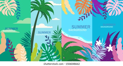 Set summer tropical template backgrounds stories with palms, sky and sunset. Summer placard poster flyer invitation card. Vector isolated trendy flat cartoon style