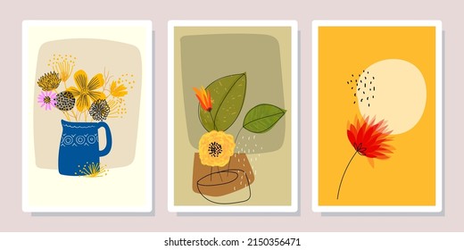 Set of summer tropical wall arts vector illustration. Flowers, leaves,shapes, abstract, line arts,botanical background design for wall framed, prints,poster,home decor.cover, wallpaper.