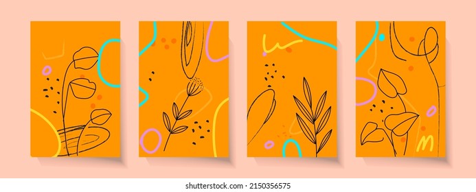 Set von tropischen Wandkunst Vektorgrafik im Sommer. Blumen, Blätter, Formen, abstrakte, Linien-Kunst, botanisches Hintergrunddesign für die Wand gerahmt, Drucke, Poster, Home Decor.cover, Tapete.