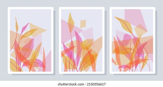 Set of summer tropical wall arts vector illustration. Flowers, leaves,shapes, abstract, line arts,botanical background design for wall framed, prints,poster,home decor.cover, wallpaper.
