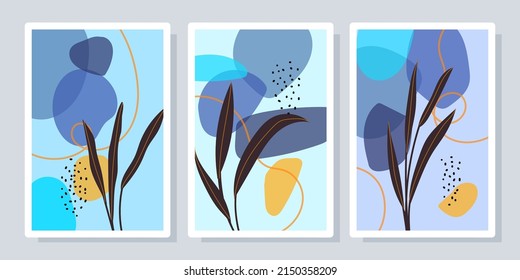 Set von tropischen Wandkunst Vektorgrafik im Sommer. Blumen, Blätter, Formen, abstrakte, Linien-Kunst, botanisches Hintergrunddesign für die Wand gerahmt, Drucke, Poster, Home Decor.cover, Tapete.