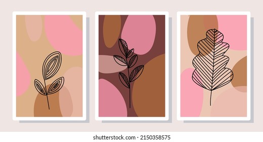 Conjunto de ilustraciones vectoriales de artes tropicales de verano. Flores, hojas, formas, abstractas, líneas de arte, diseño de fondo botánico para marcos de pared, impresiones, afiche, decoración doméstica.cubierta, papel pintado.