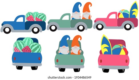 Set Of Summer Truck With Gnome, Vector Art.