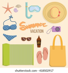 Set of summer vacation accessories with items necessary for a beach relaxation. Vector.
