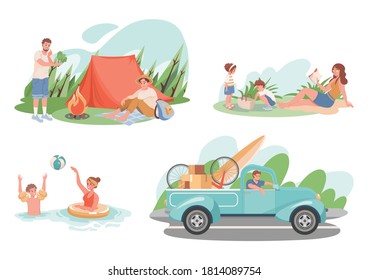 Set of summer vacation activities. Happy smiling people camping, swimming, have a picnic outdoor on nature, moving to the forest on weekends. Active lifestyle outdoor vector flat illustration.