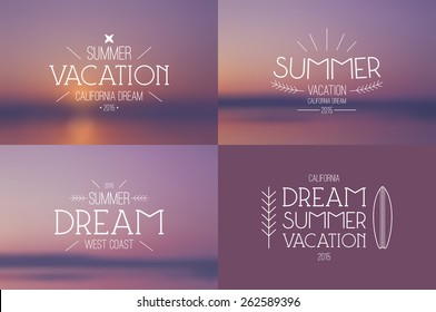 Set of summer vacation badges in thin line style and blurred backgrounds
