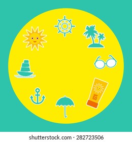 Set of summer vacation beach. Umbrella sun ship sailing sunglasses cream anchor steering wheel island, palm trees. Yellow Green Blue Orange. Vector