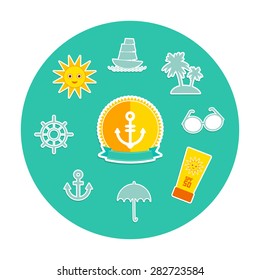 Set of summer vacation beach. Umbrella sun ship sailing sunglasses cream anchor island, palm trees steering wheel. Yellow Green Blue Orange. Vector