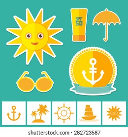 Set of summer vacation beach. Umbrella sun ship sailing sunglasses cream anchor steering wheel island, palm trees. Yellow Green Orange on blue background. Vector