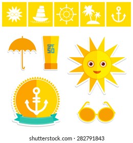 Set of summer vacation beach. Umbrella sun ship sailing sunglasses cream anchor steering wheel island, palm trees. Yellow Green Blue Orange on white background. Vector