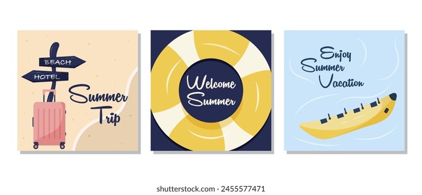  Set of summer vacation cards with beach and sea elements, including a life ring, banana boat, and suitcase. The set is great for social media posts, posters, or greeting cards.  Vector illustration.