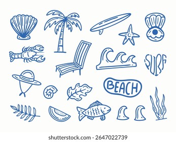 Set of summer vacation doodle illustrations. Hand-drawn elements of beach and sea travel. Coastal collection for cards, prints, wedding invitations, stickers, and more.