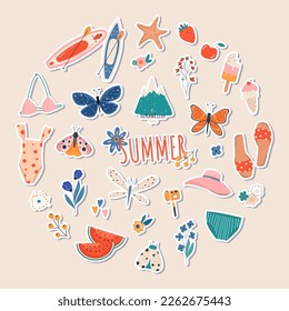 Set of summer vacation elements in a circle: swimwear, ice cream, camera, hat, watermelon, flowers, fruits, surf and sup boards and paddles. Vector flat cartoon illustration, clipart, icons.