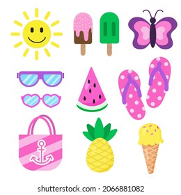 Set of summer and vacation elements. Smiling sun, ice creams, sunglasses, butterfly, watermelon, flip flops, beach bag and pineapple. Illustration for stickers, clothes, seasonal design and decor. 