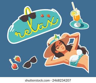 Set of summer vacation elements sticker in flat style. Vector illustration