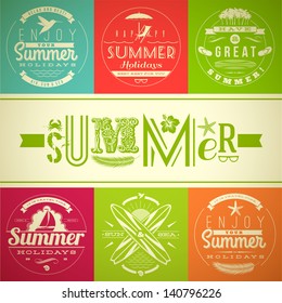 Set of summer vacation and holidays emblems with lettering and travel symbols - vector illustration