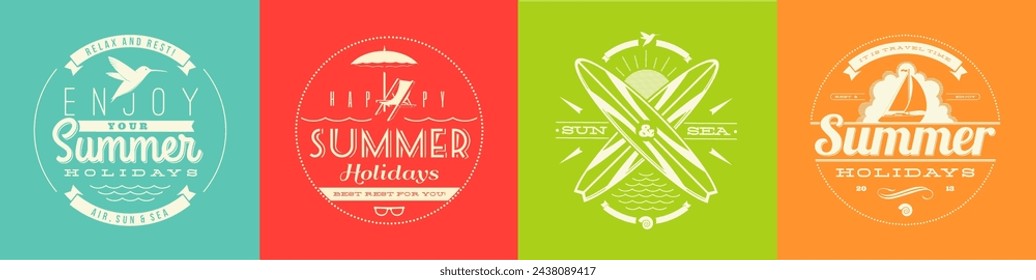 Set of summer vacation, holidays and trave retro emblems with lettering. Vector illustration.