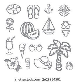 Set of summer and summer vacation icons, hand drawn style, vector illustration.