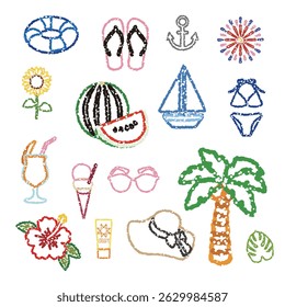 Set of summer and summer vacation icons, hand drawn style, vector illustration.