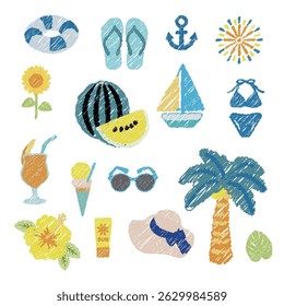 Set of summer and summer vacation icons, hand drawn style, vector illustration.