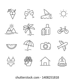 Set Of Summer Vacation On The Beach Icons. Travel Concept Outline Isolated On White Background