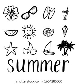 Conjunto de vacaciones de verano en los iconos de la playa. Esbozo del concepto de viaje aislado de fondo blanco