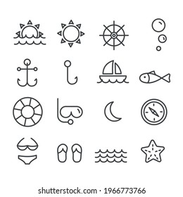 Set of summer vacation on the beach icons. Travel concept outline isolated on white background