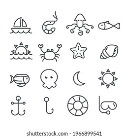 Set of summer vacation on the beach icons. Natural and animal concept outline isolated on white background